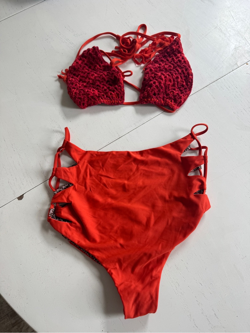acacia swimwear Red Crochet Triangle Bikini Top & High-Waist Cutout Bottoms